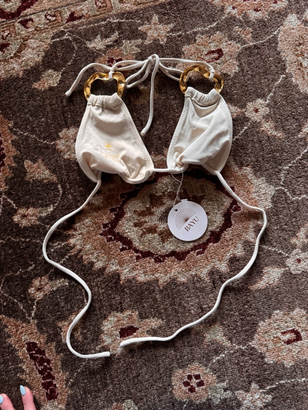 Cream Triangle Bikini Top with Gold Ring Accents